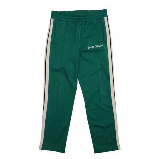 Palm Angels classic track pants in green with off-white side stripes and gothic logo, front view