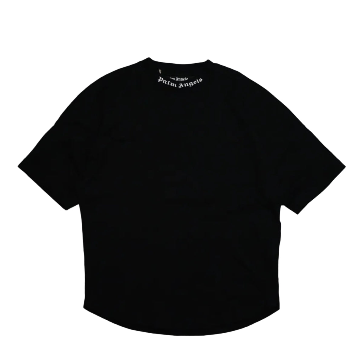 Pre-owned Palm Angels black oversized cotton T-shirt with white gothic logo print at the neck, front view