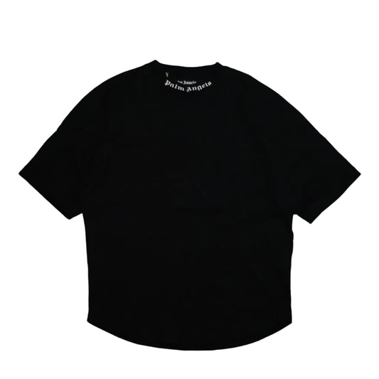 Pre-owned Palm Angels black oversized cotton T-shirt with white gothic logo print at the neck, front view