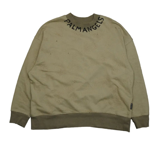 Palm Angels Seasonal Logo crewneck sweatshirt in military olive with black logo around the collar, front view