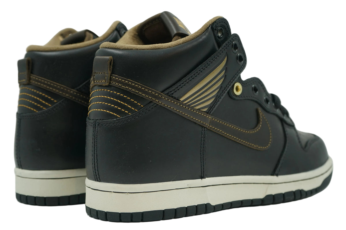 Brand new Pawnshop x Nike SB Dunk High Old Soul with gold wing details, brown heel loop and contrast stitching, back view