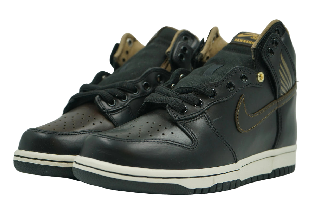 Pair of brand new Pawnshop x Nike SB Dunk High Old Soul in black and brown leather with Pawnshop tongue tag, front view