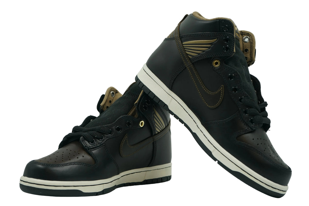 Pair of brand new Pawnshop x Nike SB Dunk High Old Soul in black-over-brown leather with gold wing details