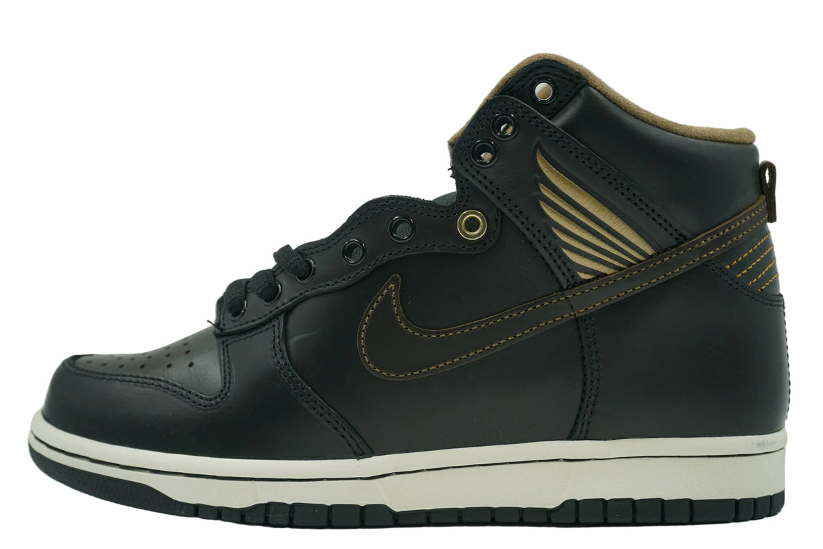 Brand new Pawnshop x Nike SB Dunk High Old Soul in black leather with brown Swoosh and gold wing embroidery, side view