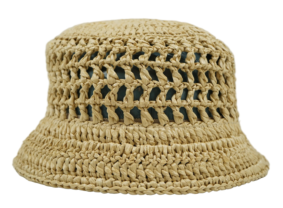 Prada crochet raffia bucket hat in natural straw with open-weave band and dark lining, back view