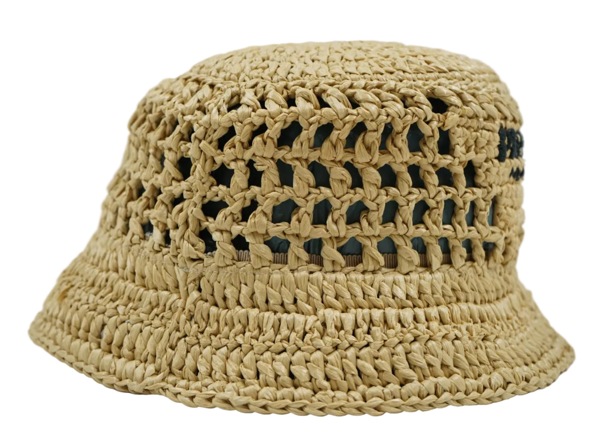 Prada crochet raffia bucket hat in natural straw with open-weave crown and Prada logo, opposite side view