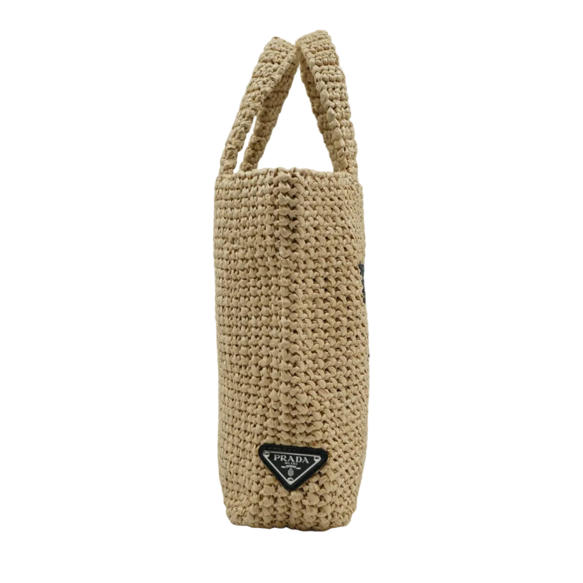 Pre-owned Prada small crochet tote bag in natural raffia-effect yarn, side profile with triangle logo