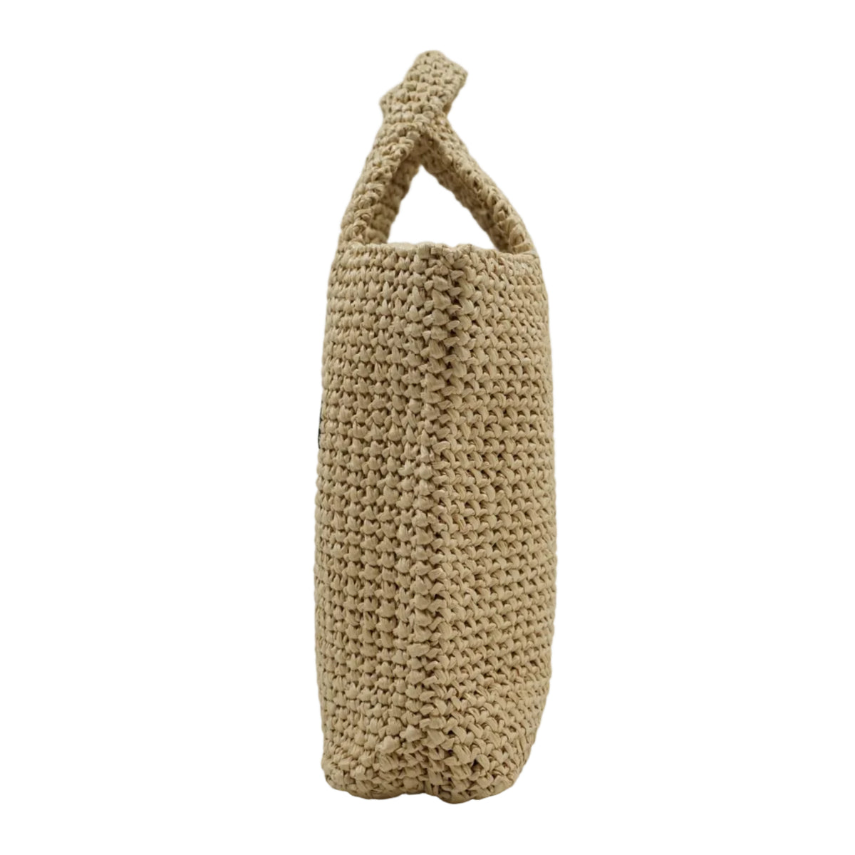 Pre-owned Prada small crochet tote bag in natural raffia-effect yarn, plain side profile view