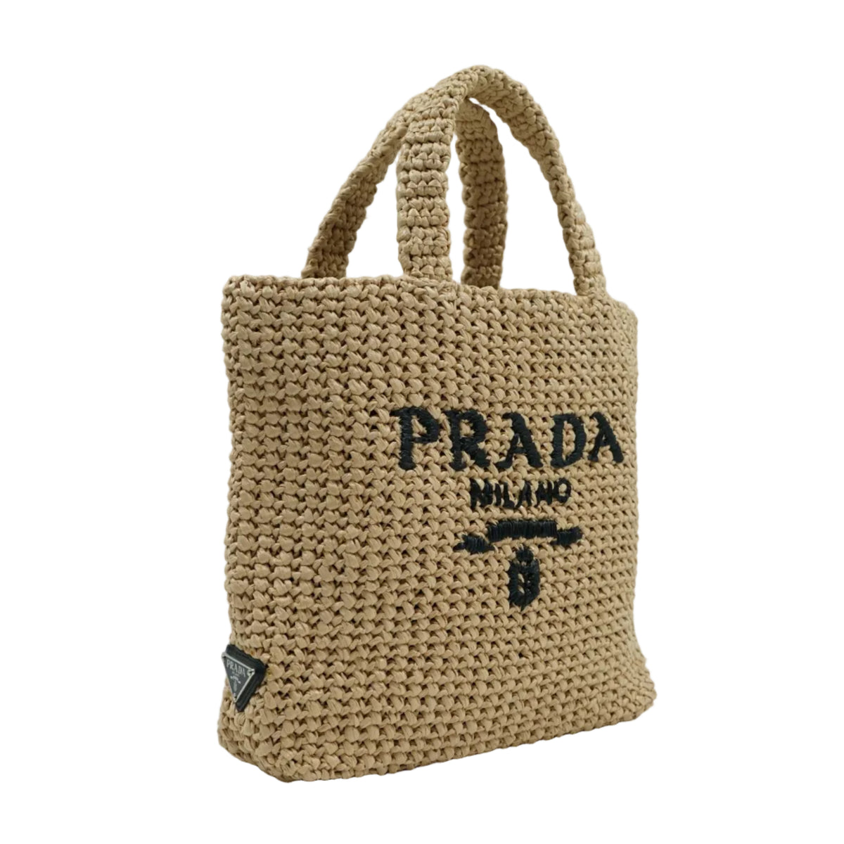 Pre-owned Prada small crochet tote bag in natural raffia-effect yarn, side view with enamel triangle logo corner