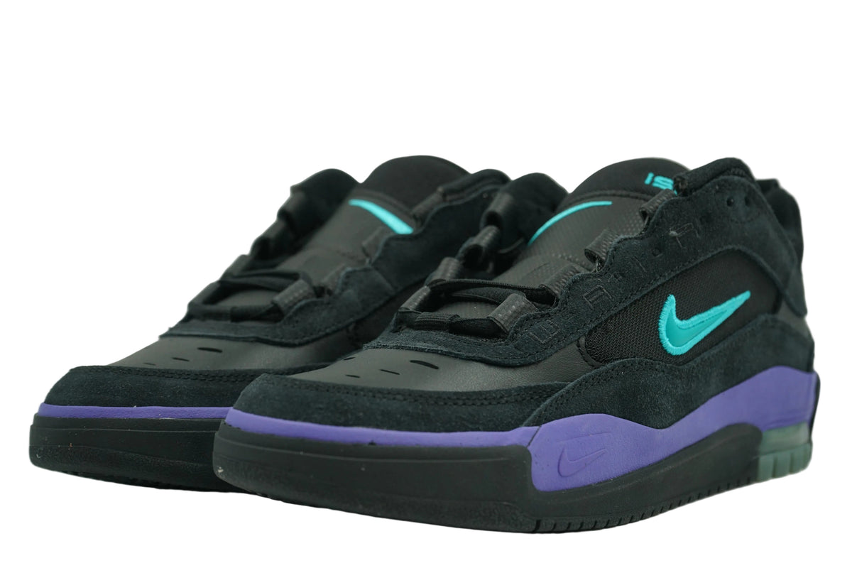 Brand new SB Air Max Ishod Black Grape, front view with black upper and Dusty Cactus Swoosh