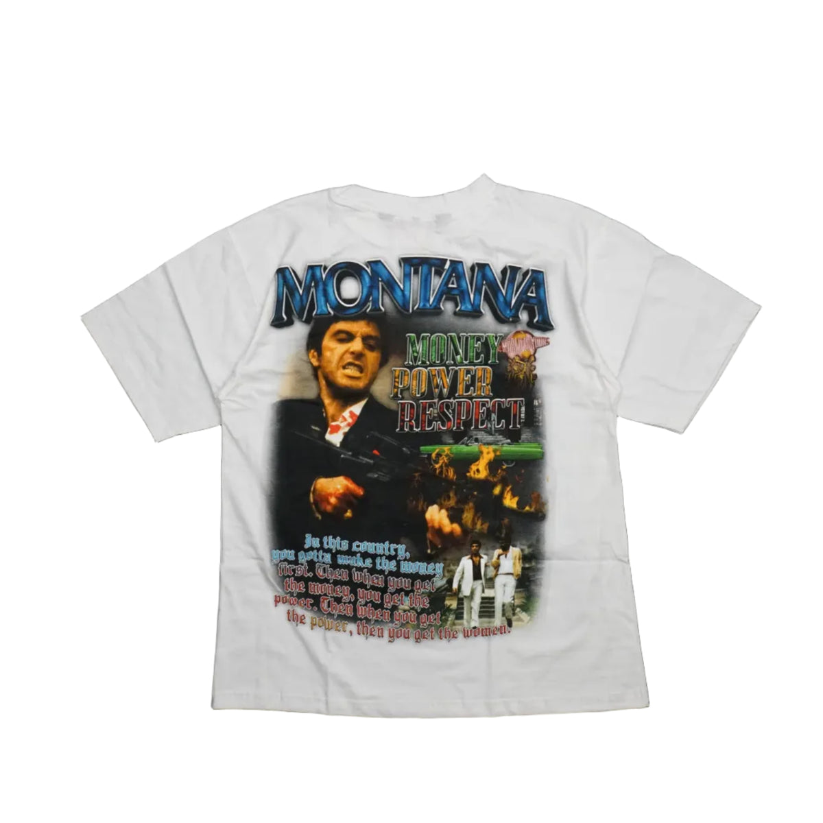 White Scarface graphic T-shirt with Montana Money Power Respect back print and movie quote, back view