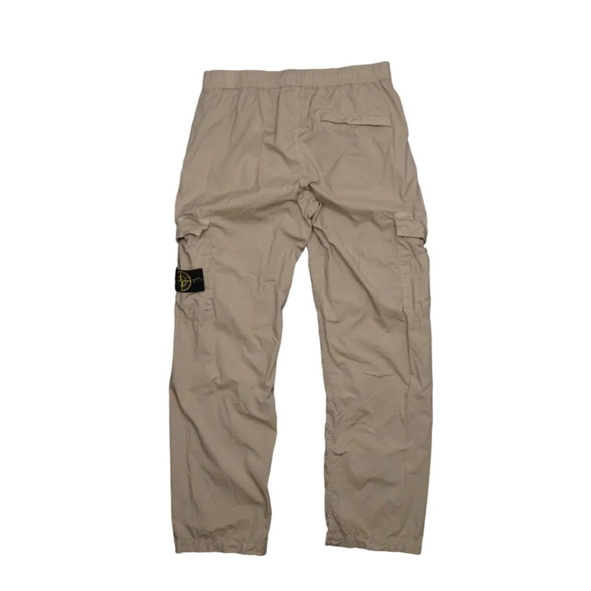 Pre-owned Stone Island beige cargo trousers with compass badge, zip back pocket and snap cuffs, back view