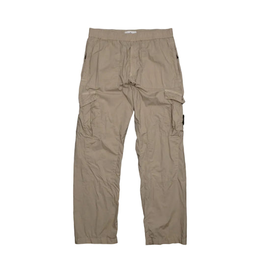 Pre-owned Stone Island beige cargo trousers with elasticated waist, cargo pockets and compass badge, front view