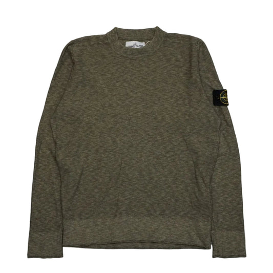 Stone Island crewneck knit jumper in olive melange with compass badge on left sleeve, front view