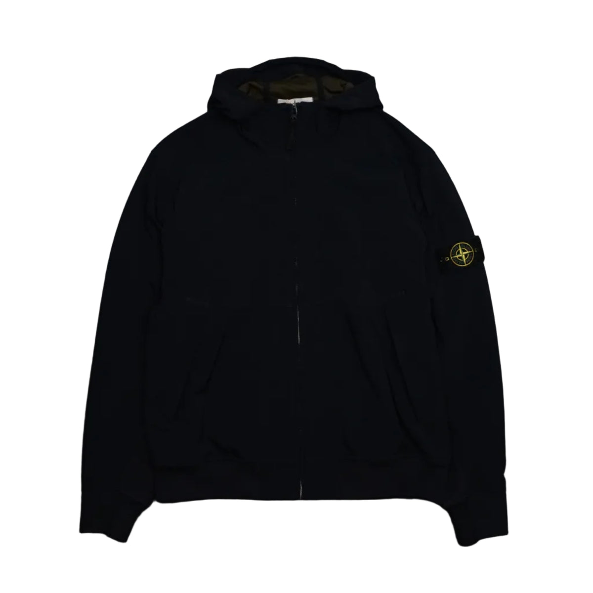 Stone Island hooded zip jacket in black with compass badge on left sleeve, front view