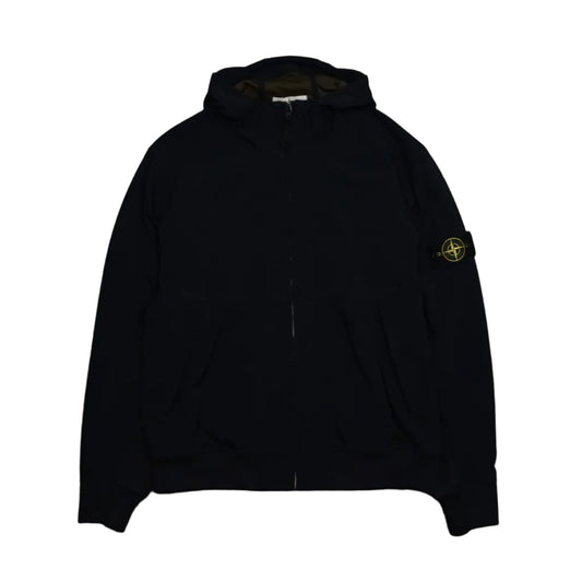 Stone Island hooded zip jacket in black with compass badge on left sleeve, front view