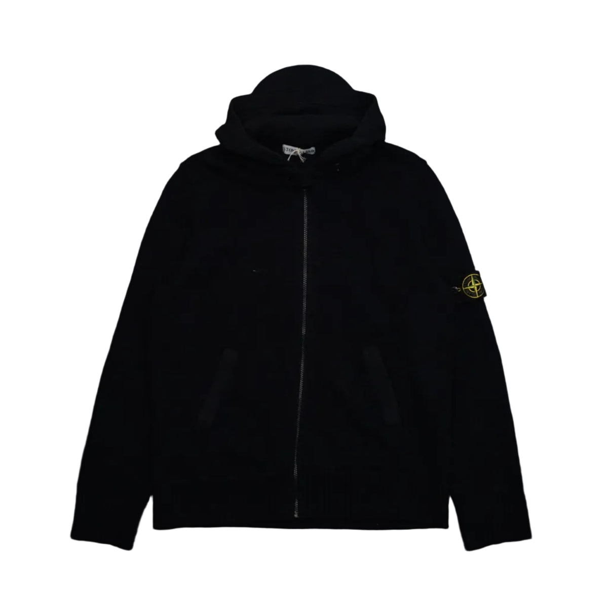 Stone Island hooded zip-up knit jacket in black with compass badge on left sleeve, front view