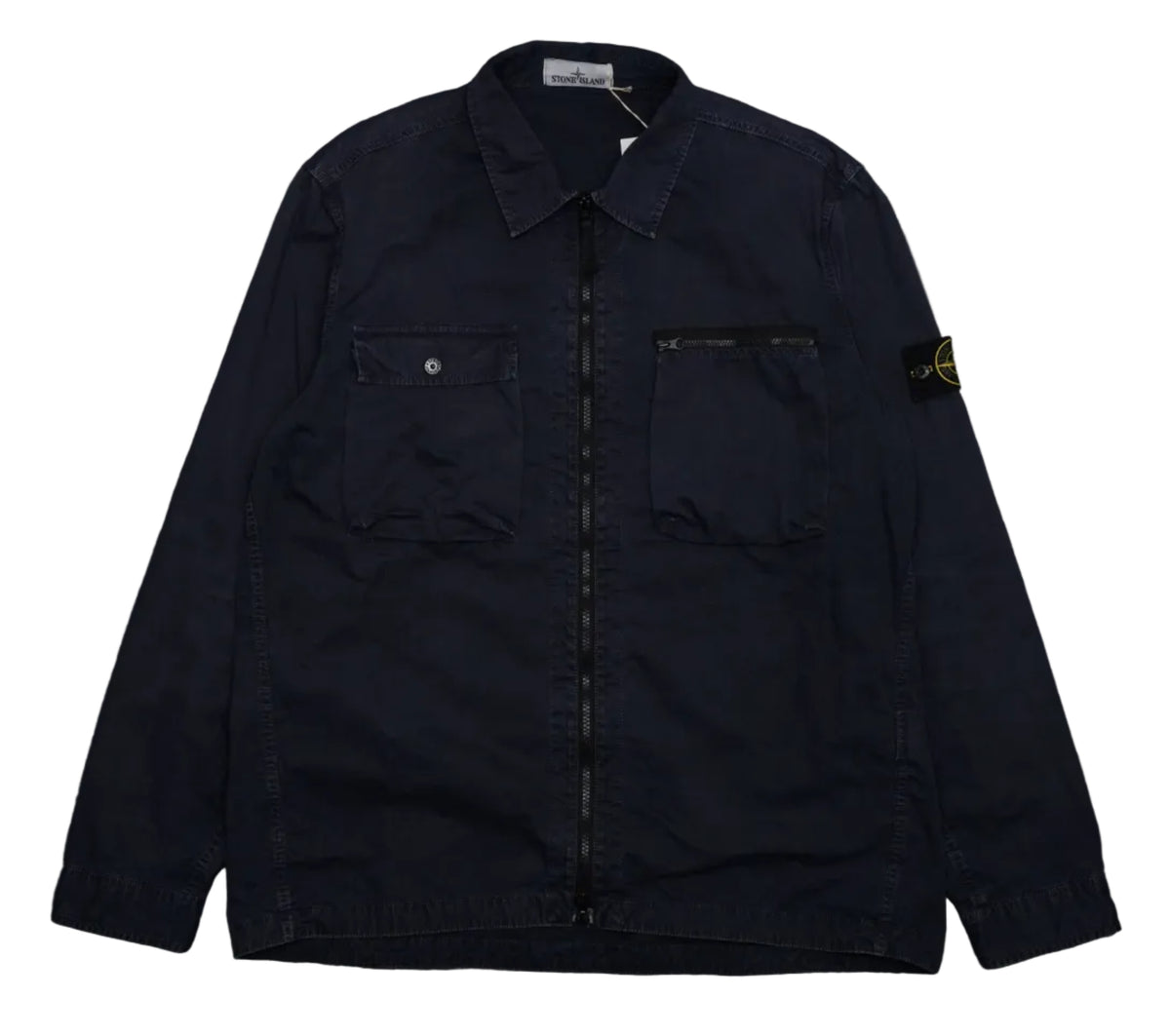 Pre-owned Stone Island Old Treatment zip overshirt in navy with two chest pockets and compass badge, front view
