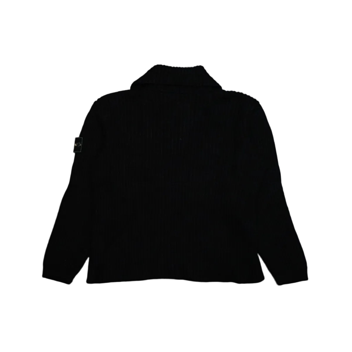 Stone Island ribbed knit polo jumper in black with compass badge on sleeve, back view