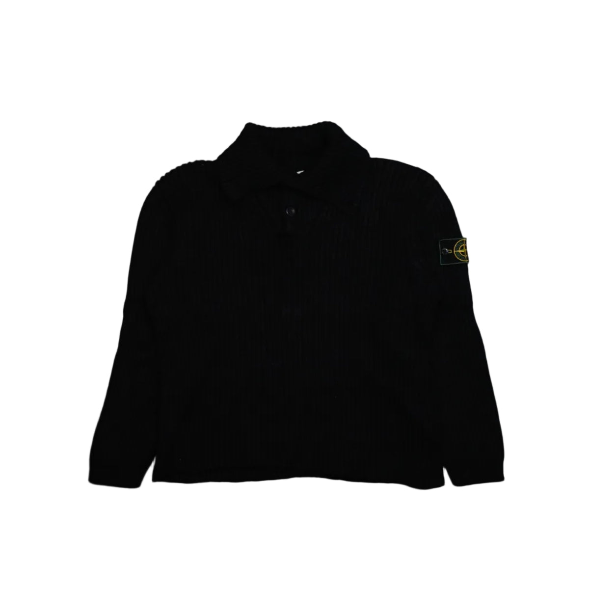 Stone Island ribbed knit polo jumper in black with button collar and compass badge on sleeve, front view