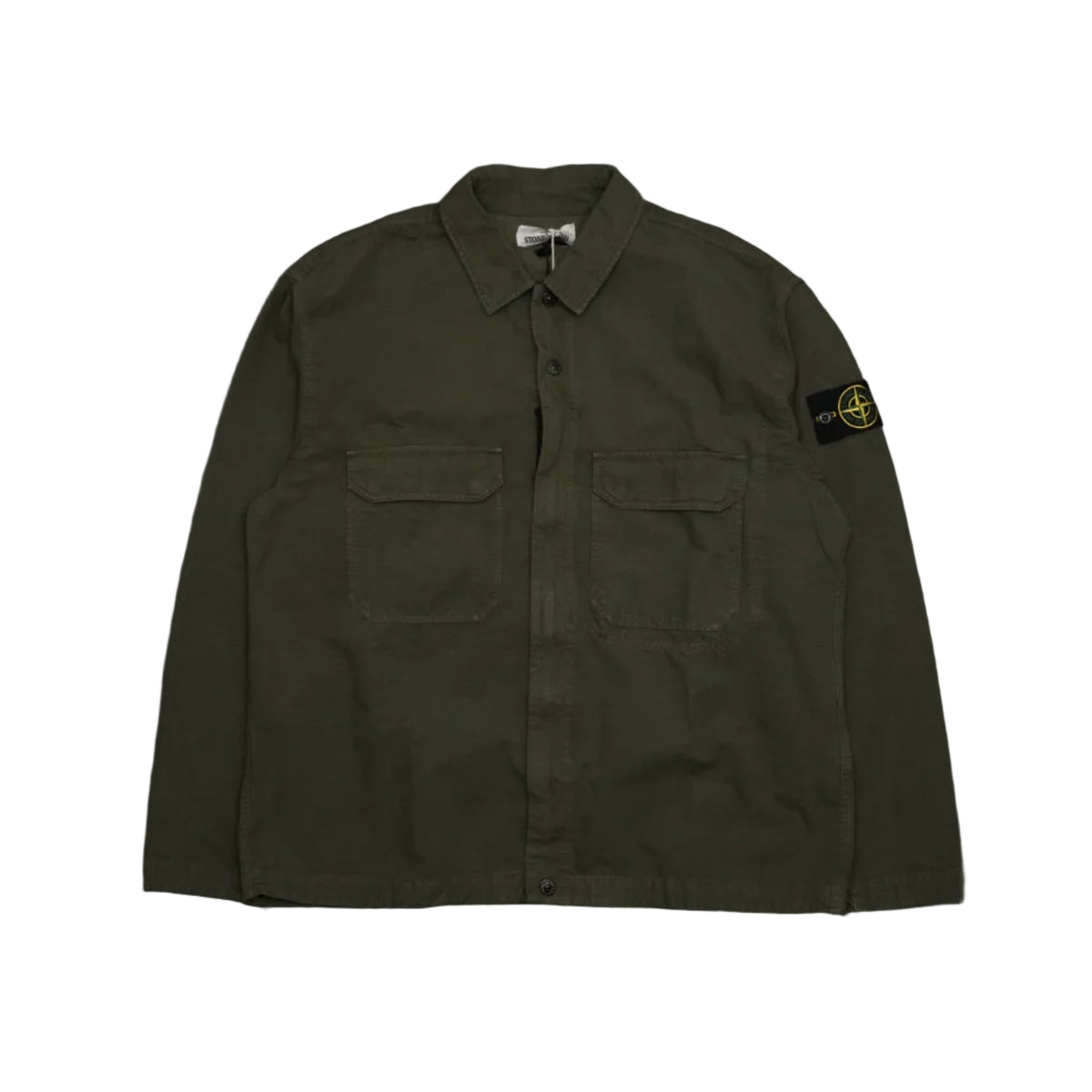 Pre-owned Stone Island two pocket overshirt in olive garment-dyed cotton with compass badge, front view