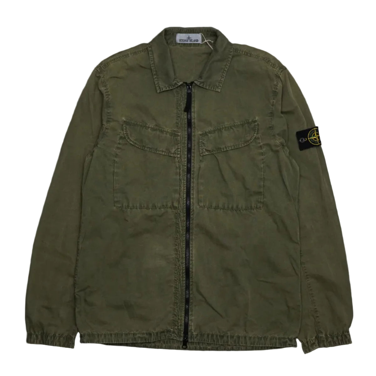 Pre-owned Stone Island zip overshirt in olive green washed cotton with two flap chest pockets and compass badge, front view