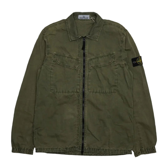 Pre-owned Stone Island zip overshirt in olive green washed cotton with two flap chest pockets and compass badge, front view