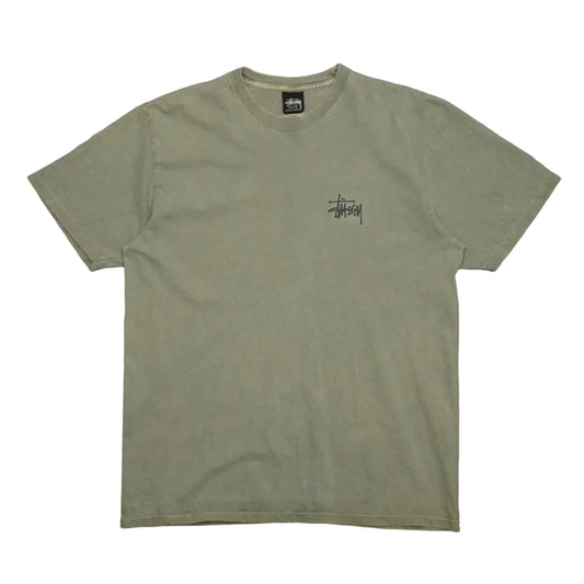 Pre-owned Stüssy olive pigment-dyed cotton T-shirt with black Stüssy signature logo on chest, front view