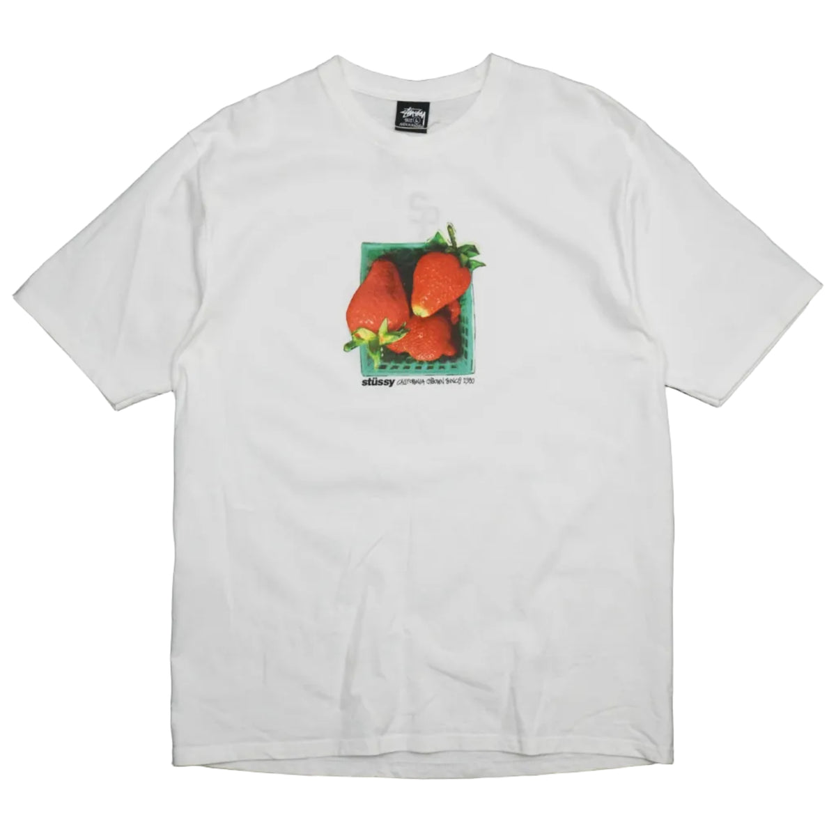 Pre-owned Stüssy Berries T-shirt in white with strawberry basket photo print and California Grown text, front view