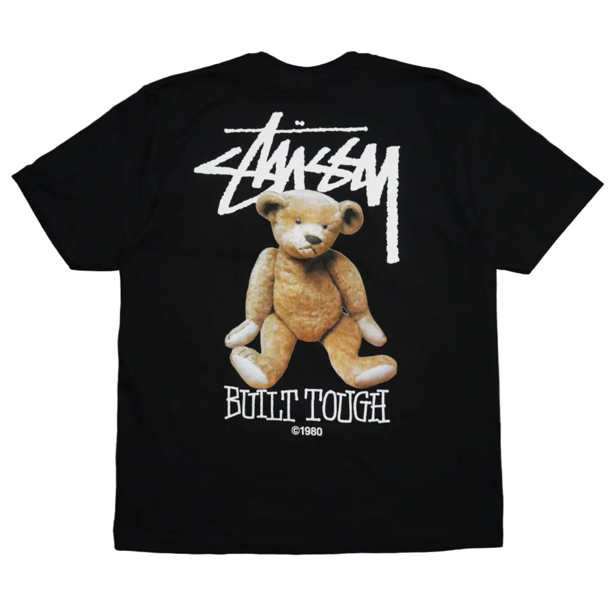 Brand new Stussy Built Tough Black T-Shirt, back view with bear graphic and Built Tough print