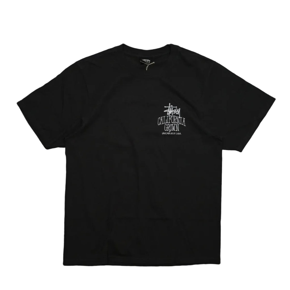 Brand new Stussy Cali Grown Faded Black Dyed T-Shirt 1905162 in pigment-dyed faded black, front view