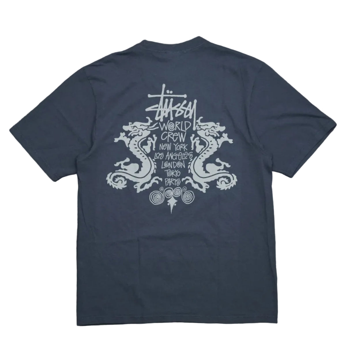 Brand new Stussy Double Dragon Navy Blue T-Shirt, back view