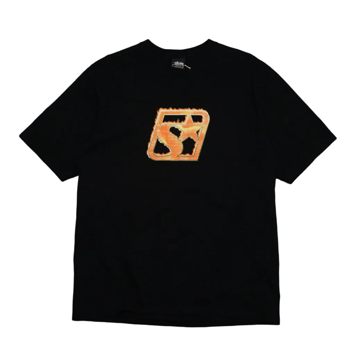 Pre-owned Stussy t-shirt in black with orange flaming S star logo graphic on the chest, front view