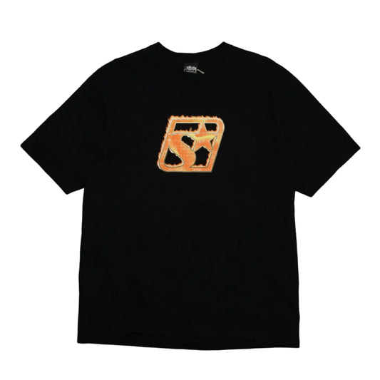 Pre-owned Stussy t-shirt in black with orange flaming S star logo graphic on the chest, front view