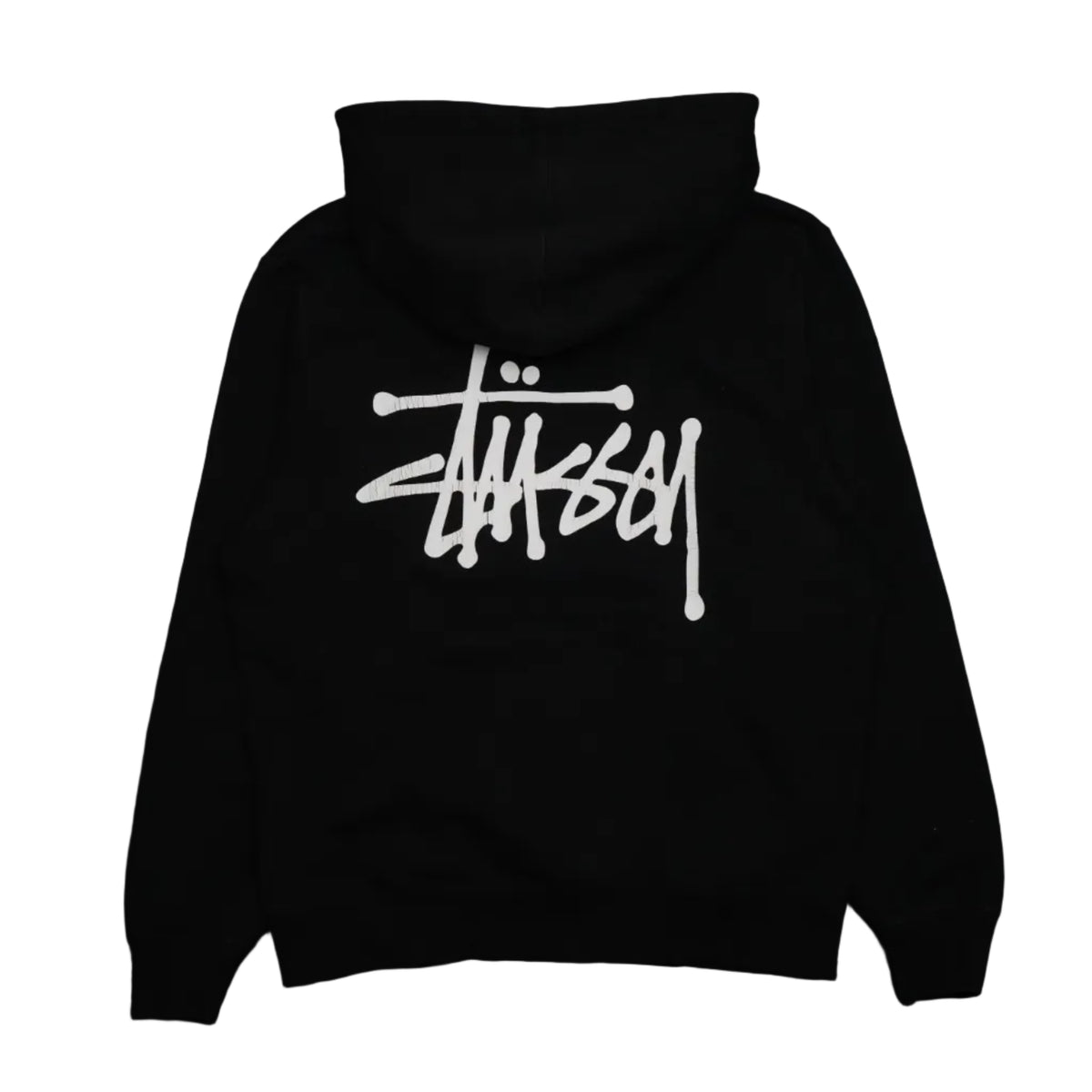 Pre-owned Stussy Mini Chest Logo Black Hoodie, back view with white Stussy print