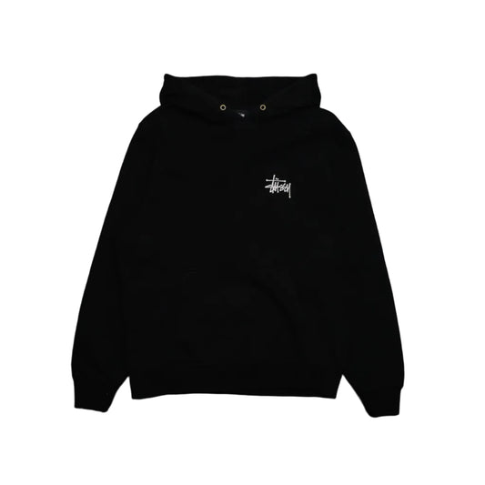 Pre-owned Stussy Mini Chest Logo Black Hoodie with small white Stussy logo on the chest, front view