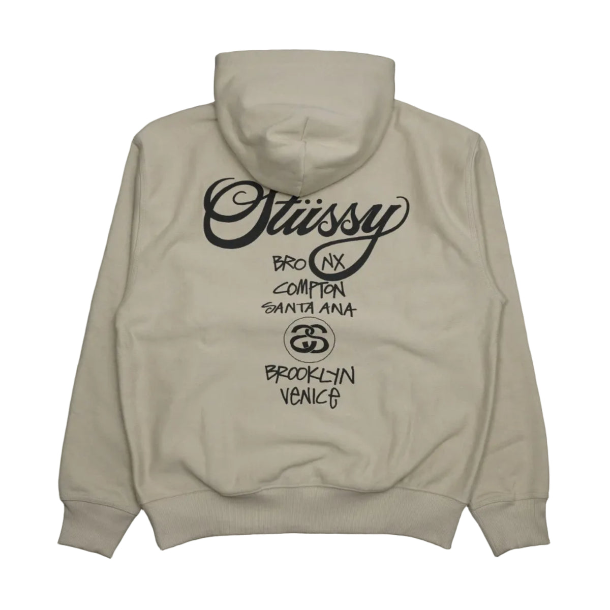 Brand new Stussy World Tour Khaki Green Hoodie, back view