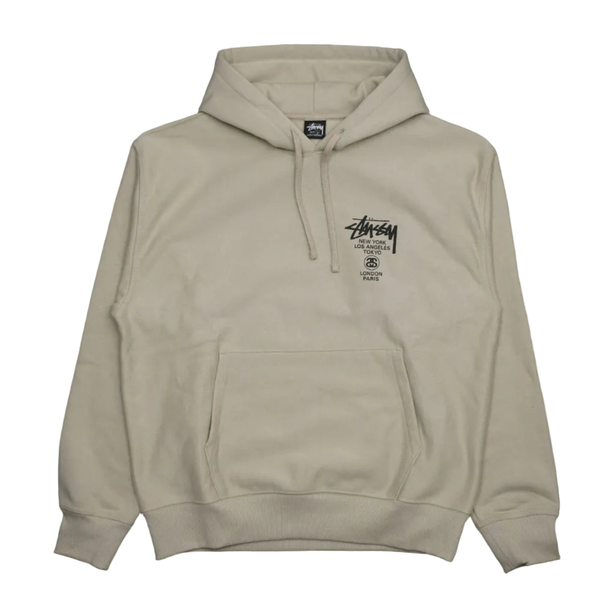 Brand new Stussy World Tour Khaki Green Hoodie 3923792 in khaki green, front view