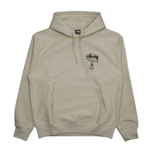 Brand new Stussy World Tour Khaki Green Hoodie 3923792 in khaki green, front view
