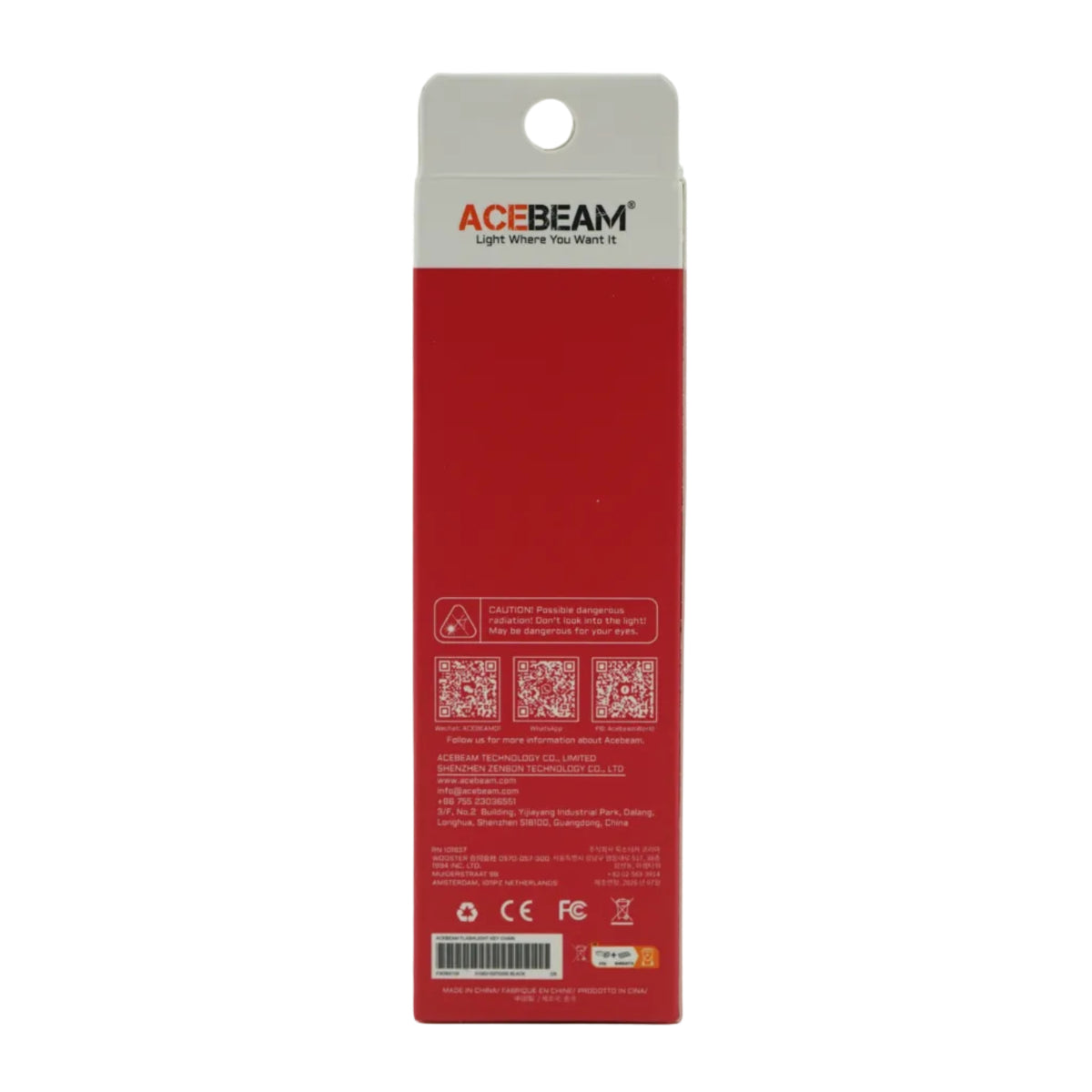 Back of Supreme x Acebeam Keylite 500 keychain light box with Acebeam branding and barcode label