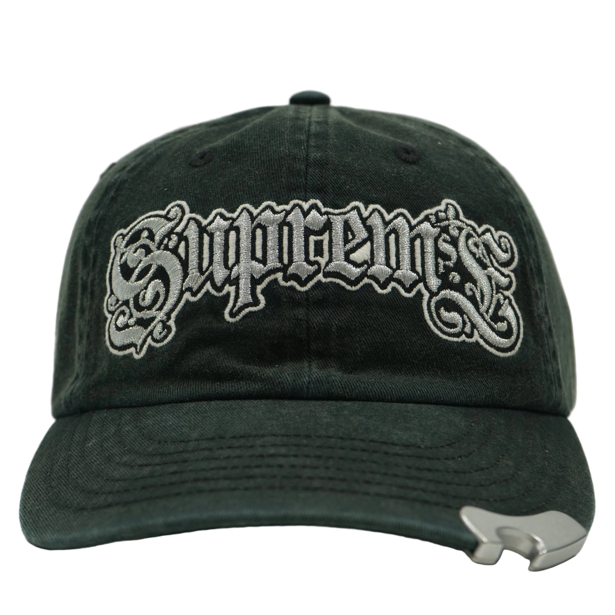 Supreme Bottle Opener 6-Panel cap in washed black with silver gothic logo and metal bottle opener on peak, front view