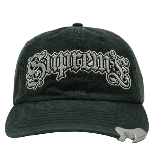 Supreme Bottle Opener 6-Panel cap in washed black with silver gothic logo and metal bottle opener on peak, front view