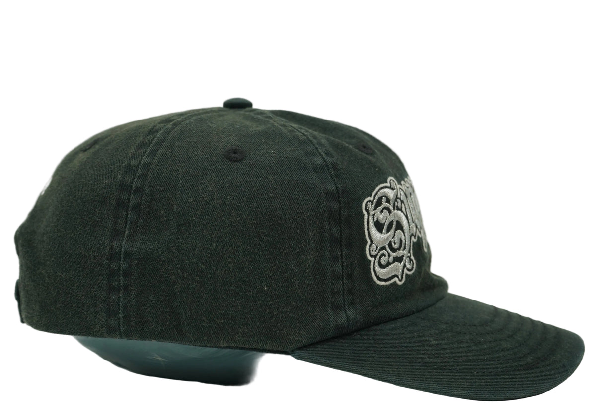 Supreme Bottle Opener 6-Panel cap in washed black with gothic logo embroidery, side profile view