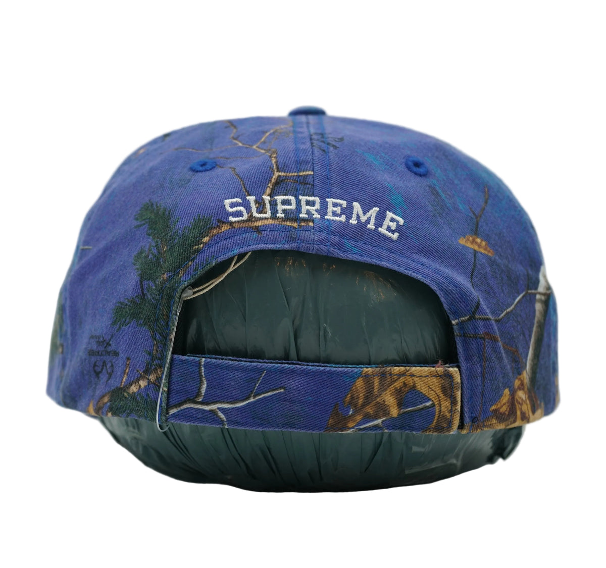 Supreme Bottle Opener 6-Panel cap in blue camo with arched Supreme embroidery and adjustable strap, back view