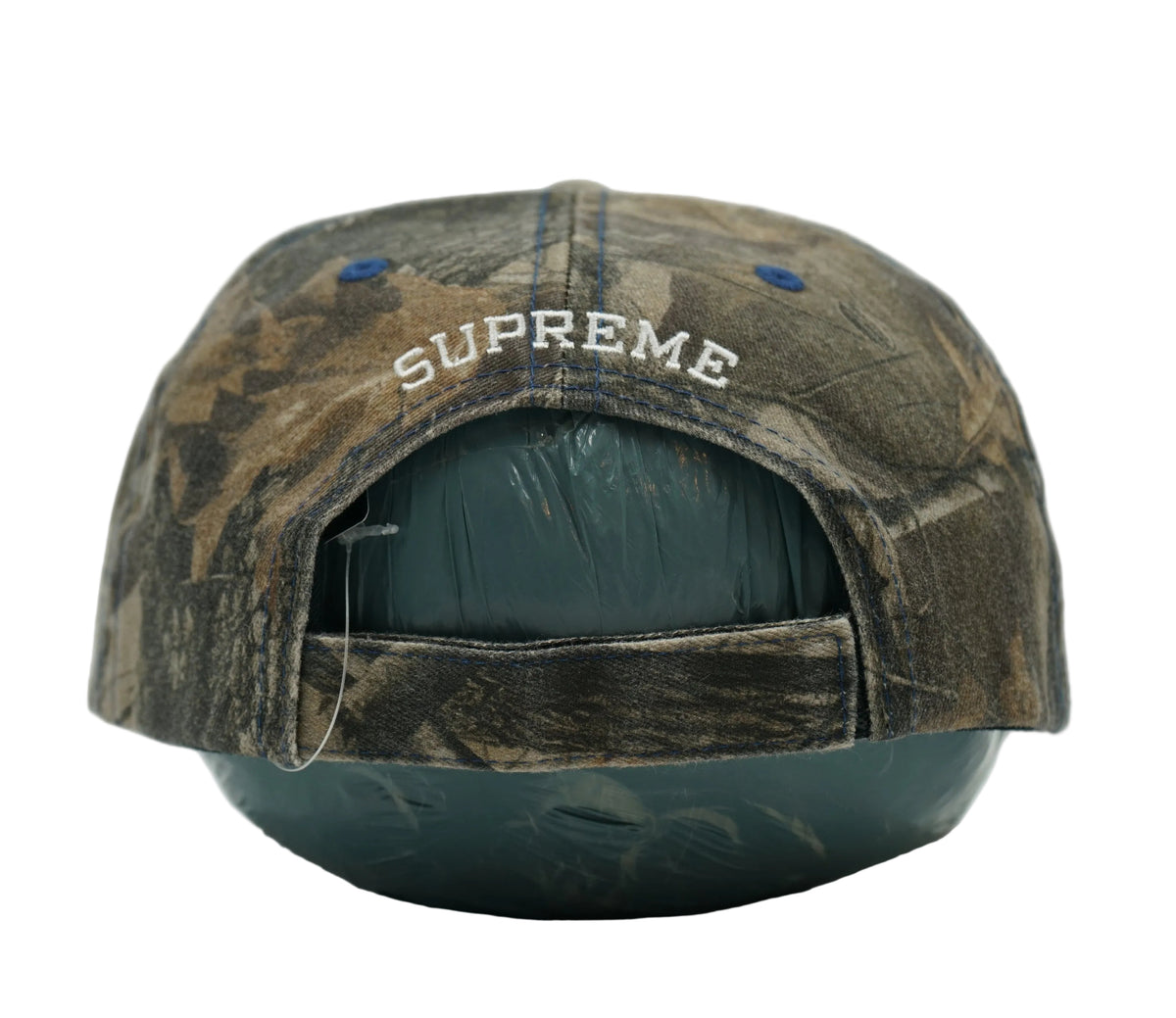 Supreme Bottle Opener 6-Panel cap in tree camo with arched Supreme embroidery and adjustable strap, back view