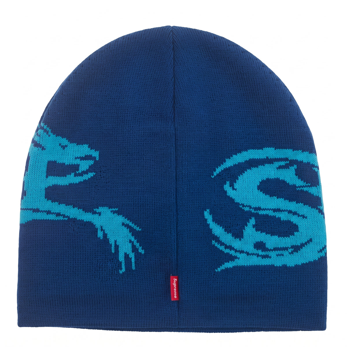 Brand new Supreme Dragon Beanie (FW26) Blue in blue and light blue acrylic knit, back view