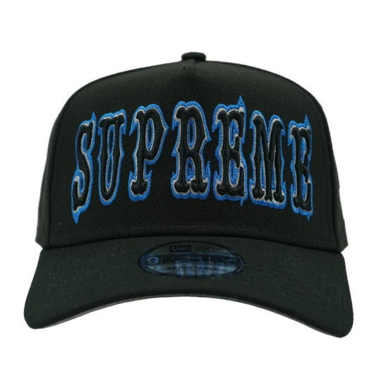 Supreme Gothic Outline Adjustable New Era cap in black, front view with black gothic Supreme lettering outlined in blue and grey