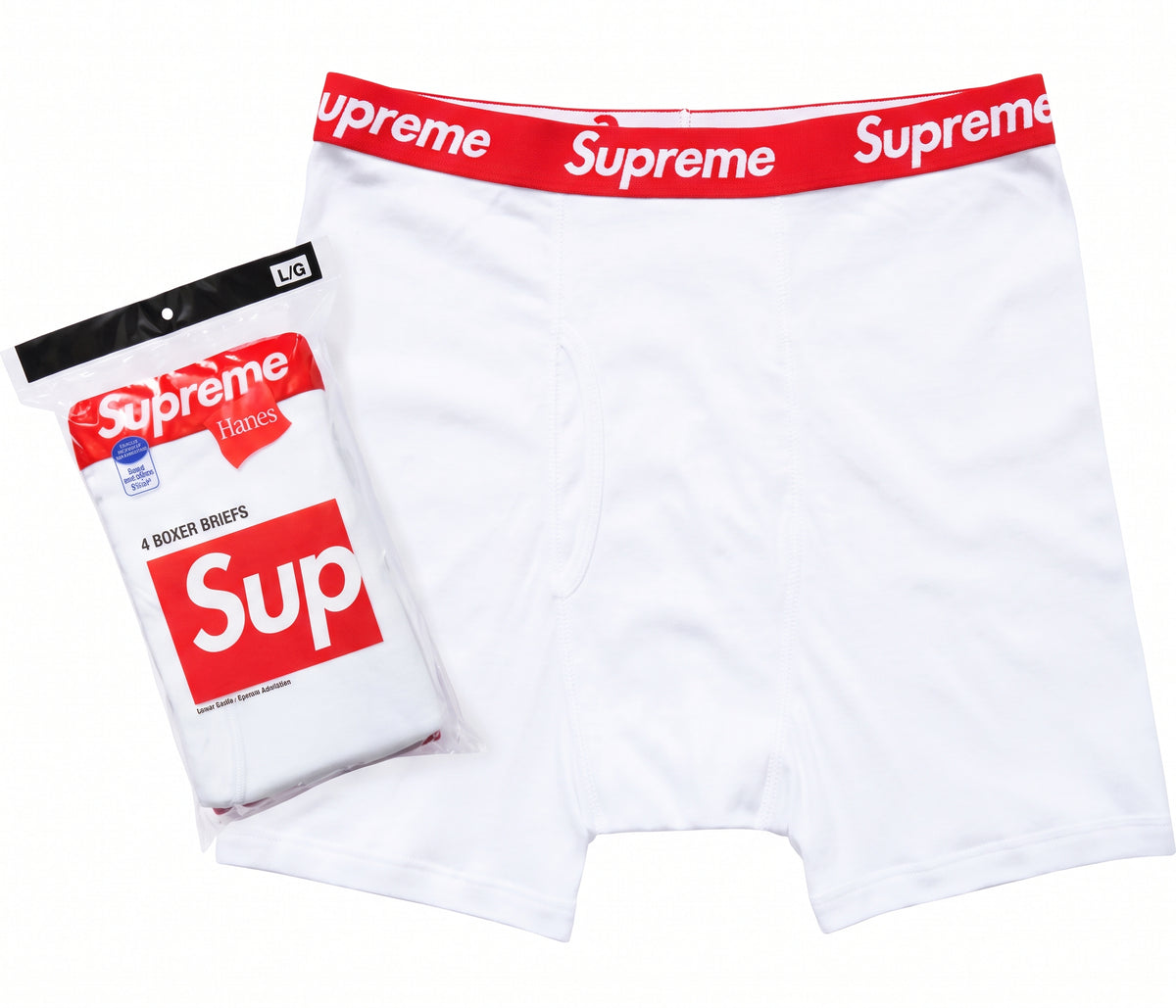 Brand new Supreme Hanes boxer briefs 4 pack in white with red Supreme logo waistband and sealed pack