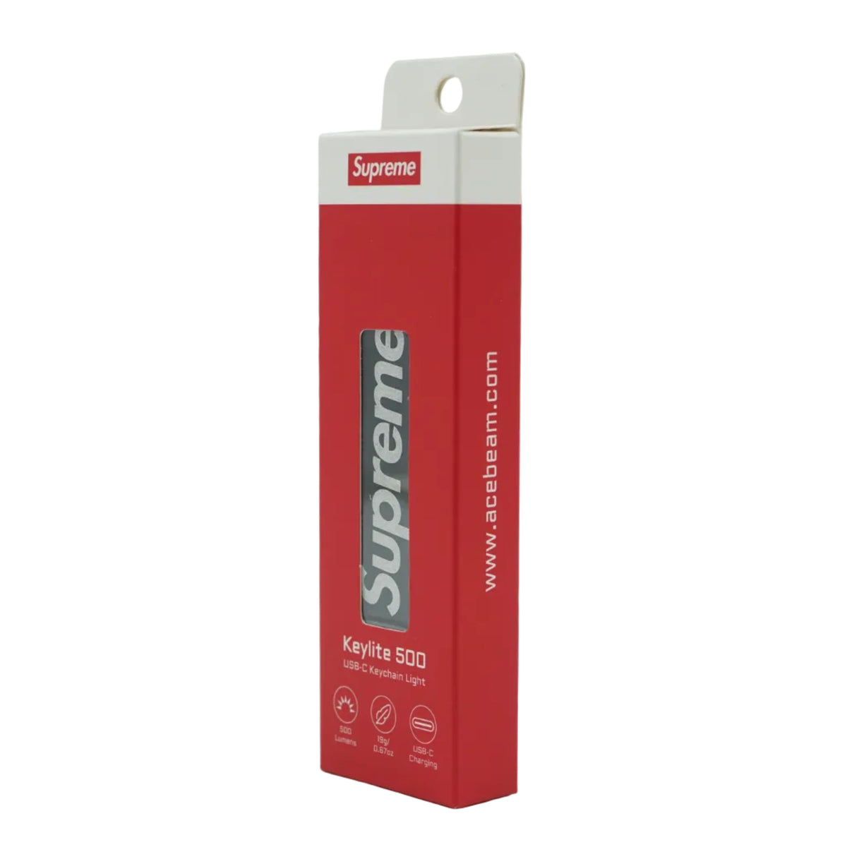 Brand new Supreme x Acebeam Keylite 500 keychain light in original red box, angled side view