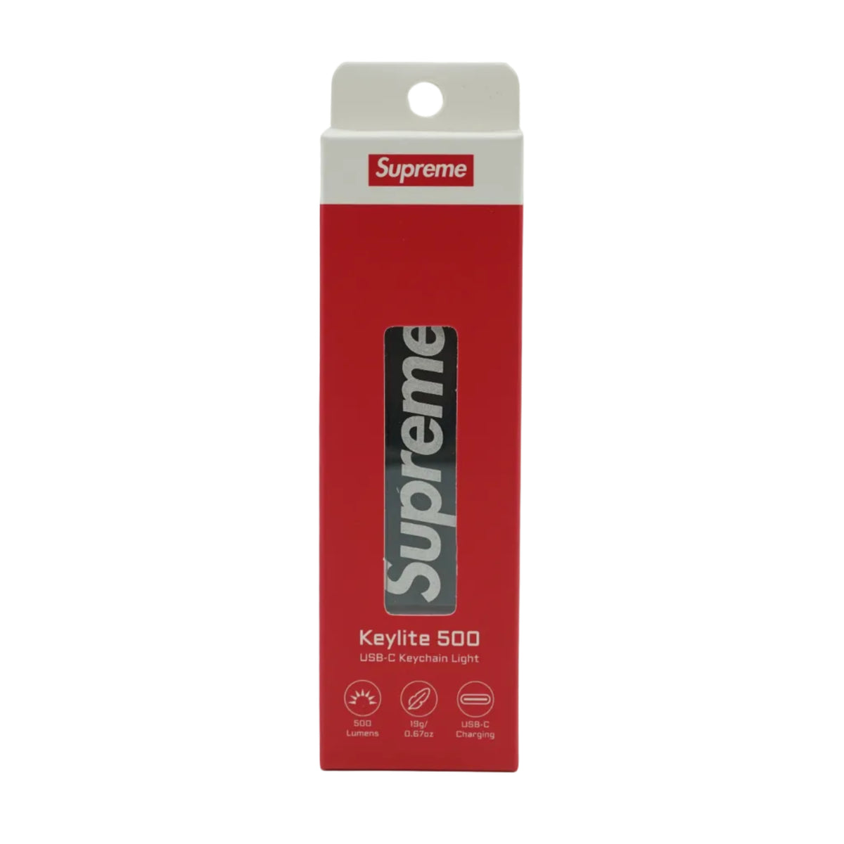 Brand new Supreme Keylite 500 USB-C keychain light in black with silver logo, in original box